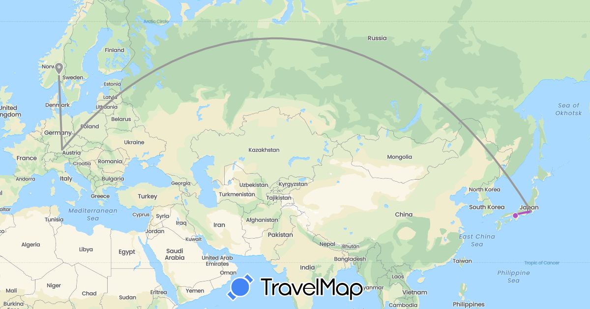 TravelMap itinerary: plane, train in Germany, Japan, Norway (Asia, Europe)